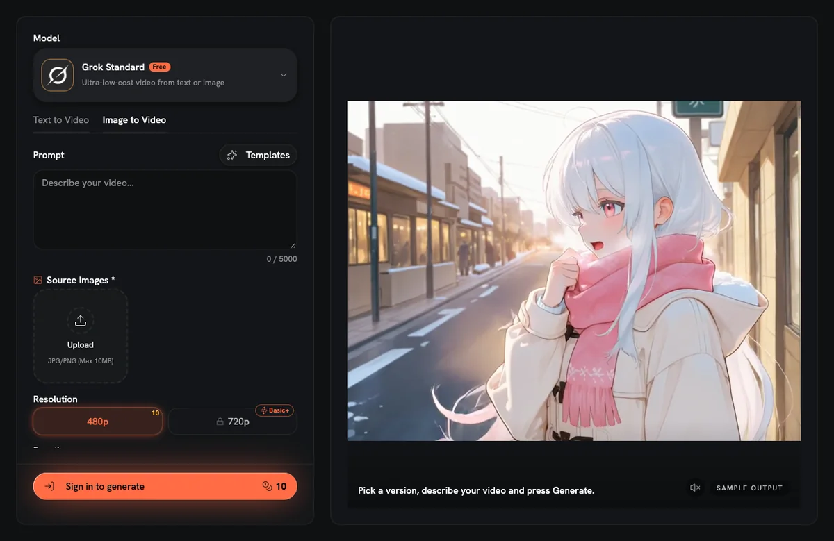 AnimateImage image to video studio with Grok Standard, Image to Video mode and 480p at 10 credits selected