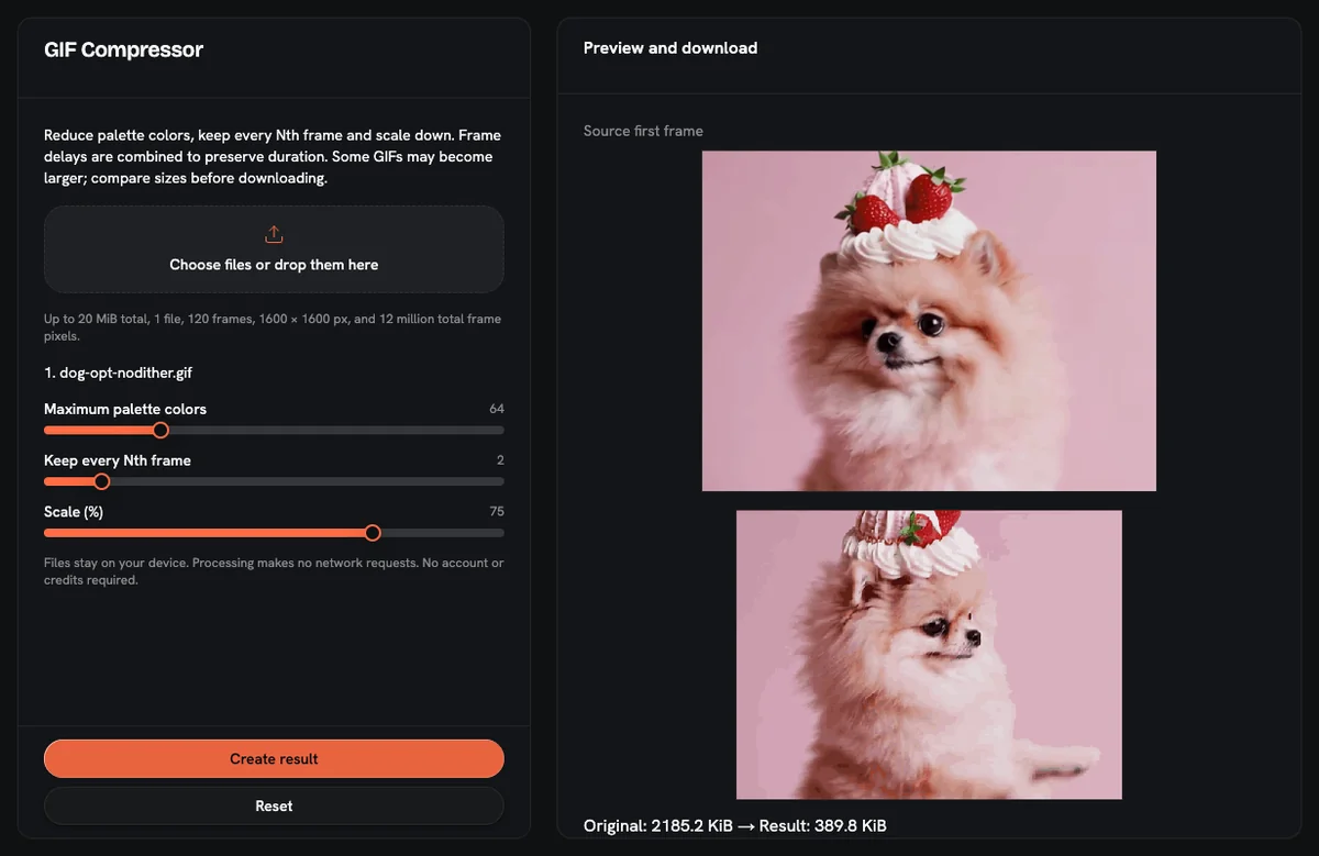 AnimateImage GIF Compressor at 64 colors, every 2nd frame and 75% scale: 2185.2 KiB in, 389.8 KiB out