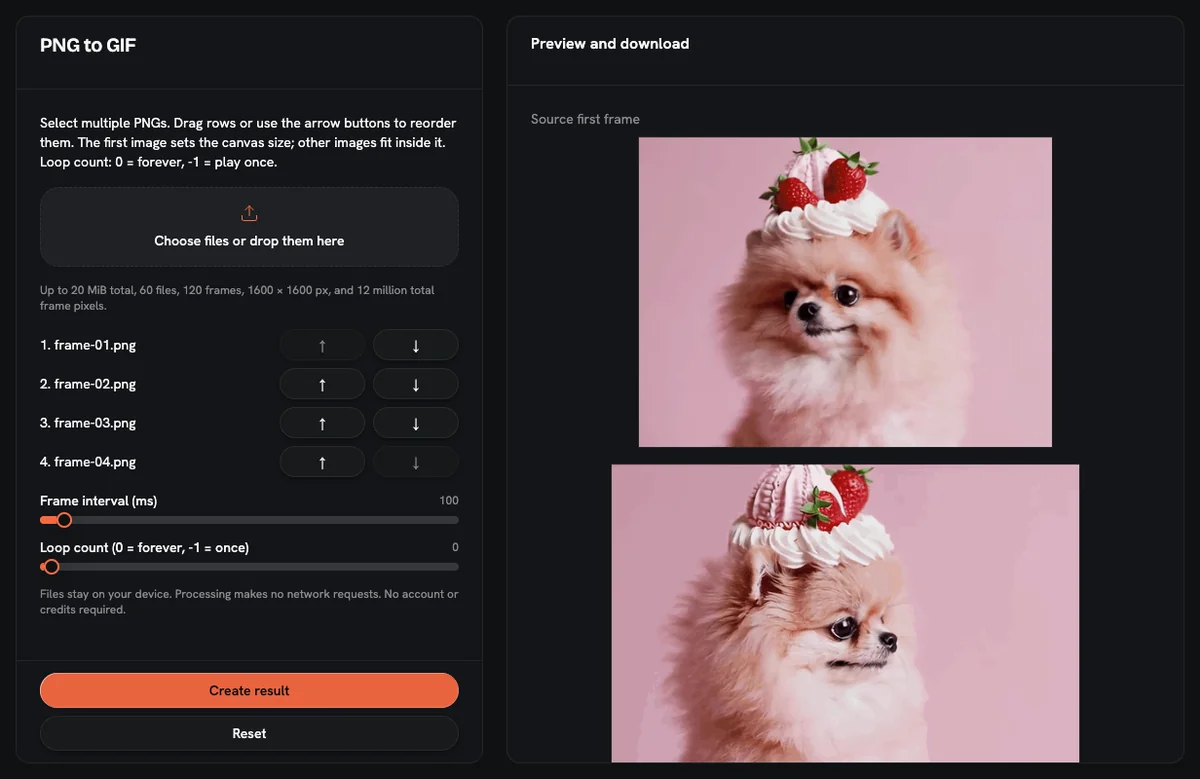 AnimateImage PNG to GIF with four PNG frames in order, 100 ms frame interval and loop forever