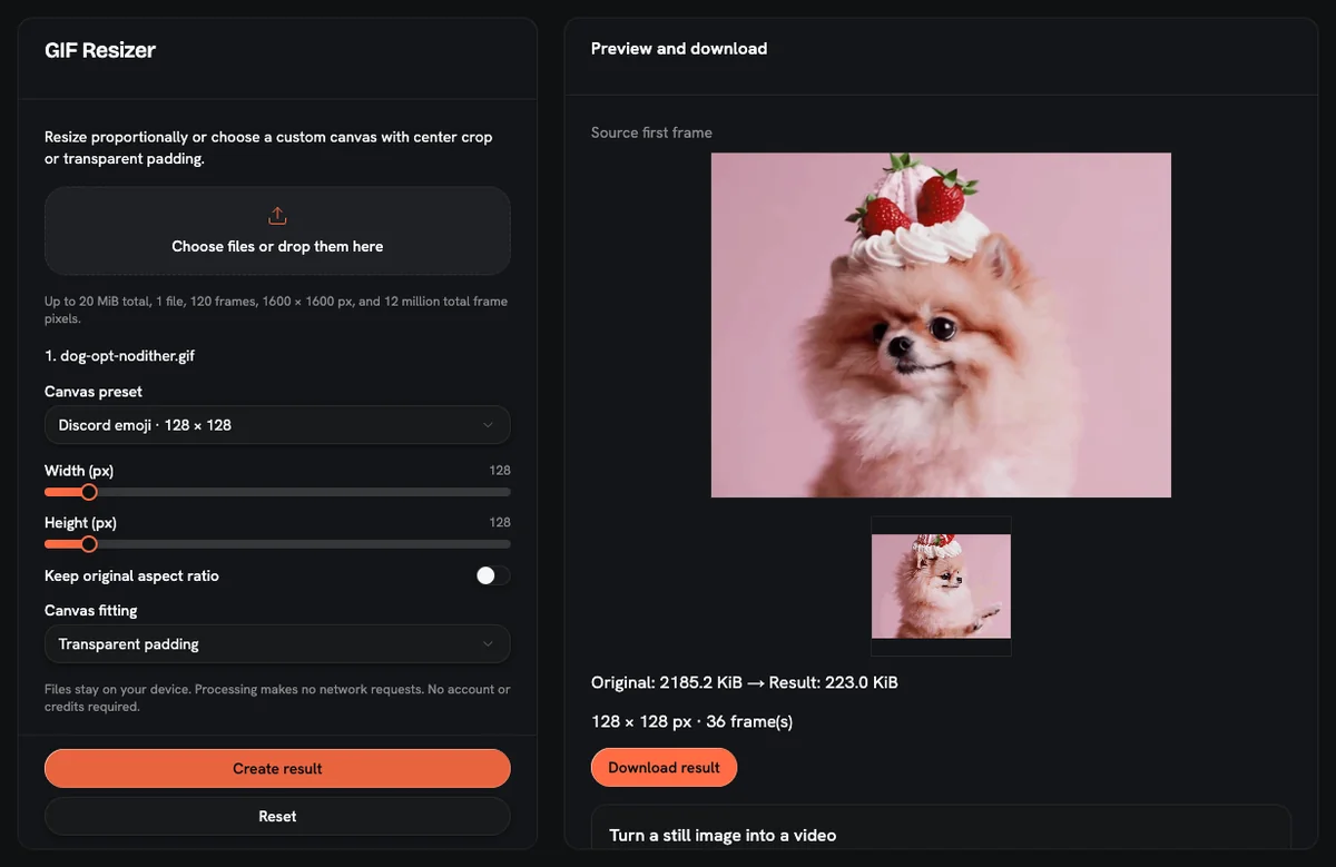 AnimateImage GIF Resizer with the Discord emoji 128 × 128 preset applied: 2185.2 KiB in, 223.0 KiB out