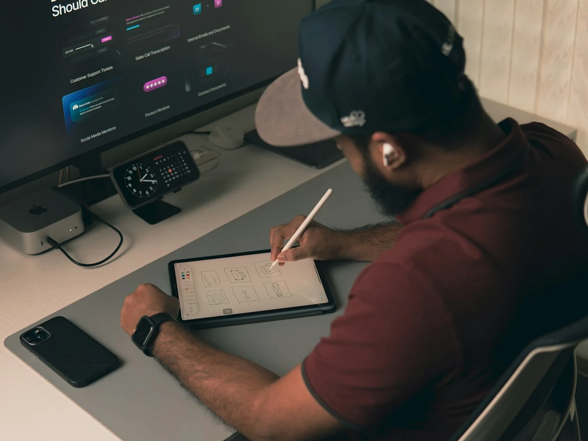 AnimateImage GIF resizer scene: designer sketching on a tablet beside a desktop monitor