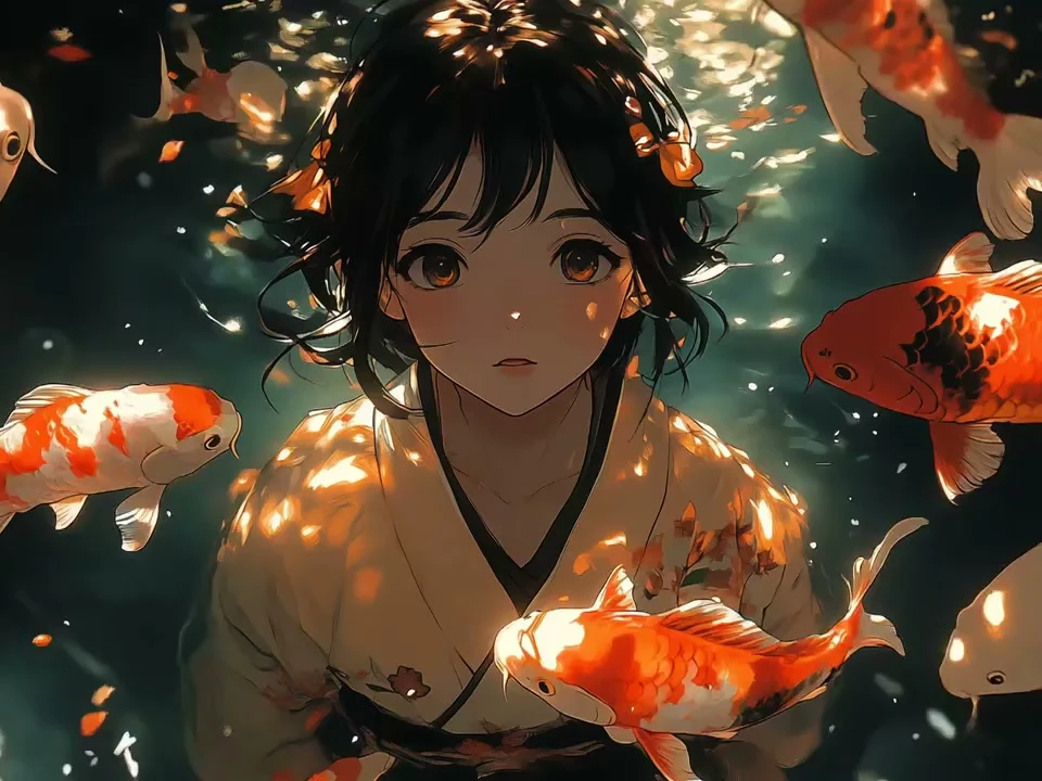 Kimono portrait with swimming koi