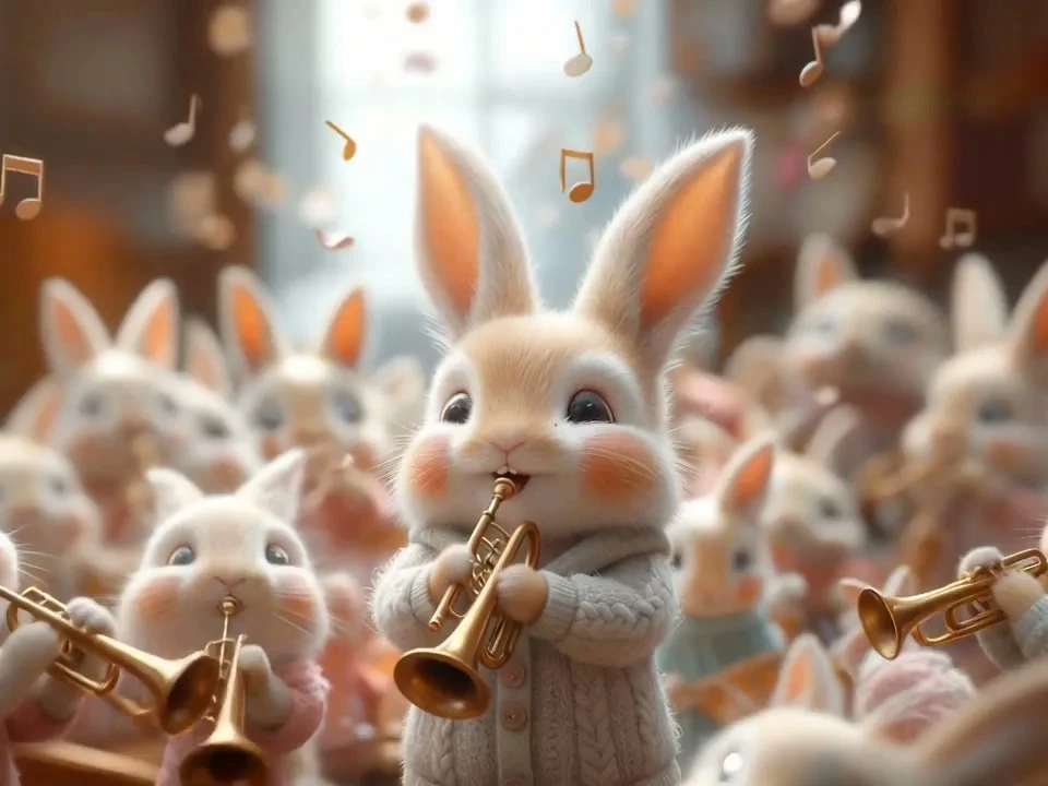 Toy rabbits playing trumpets