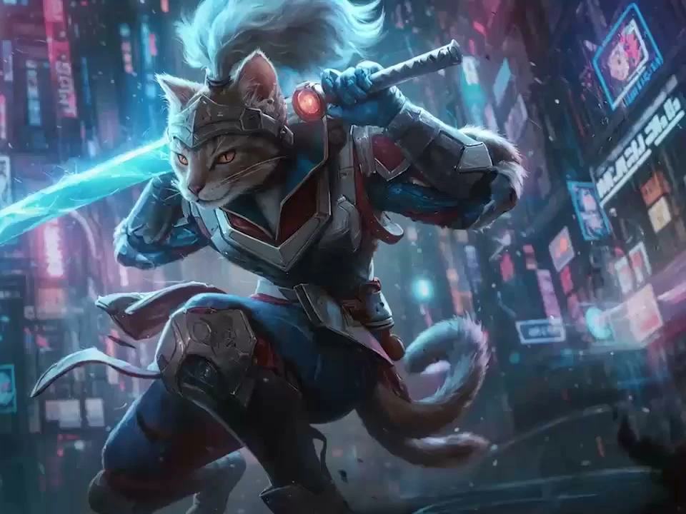 Samurai cat in a neon city