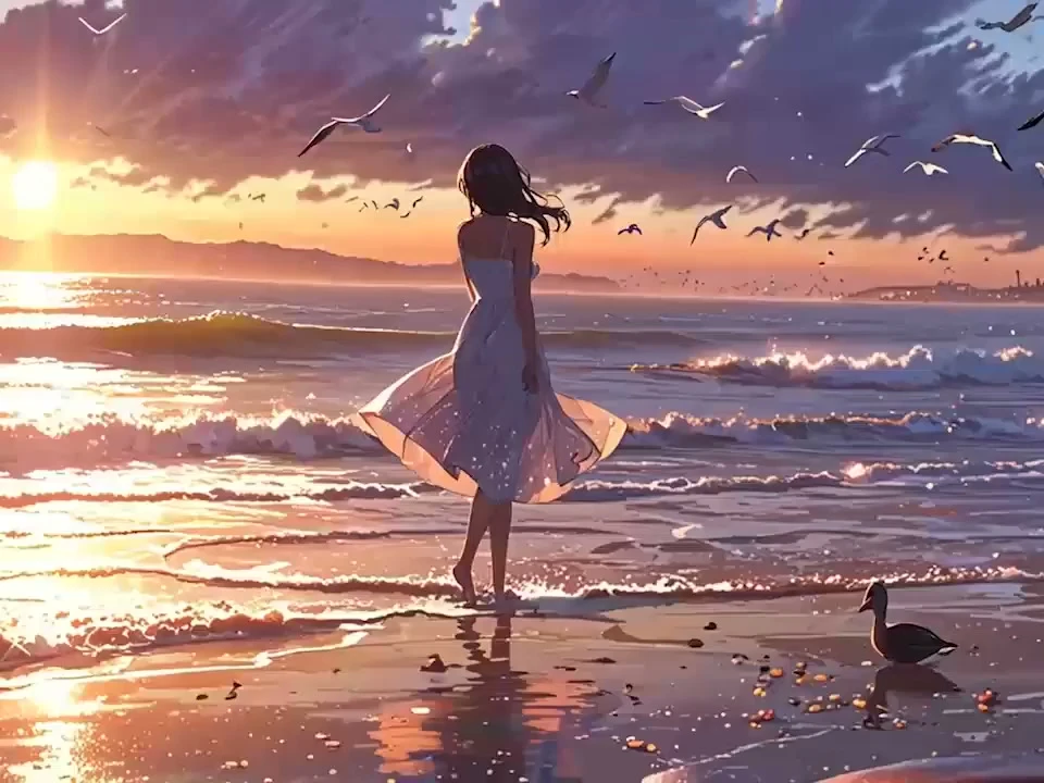 Anime beach walk at sunset
