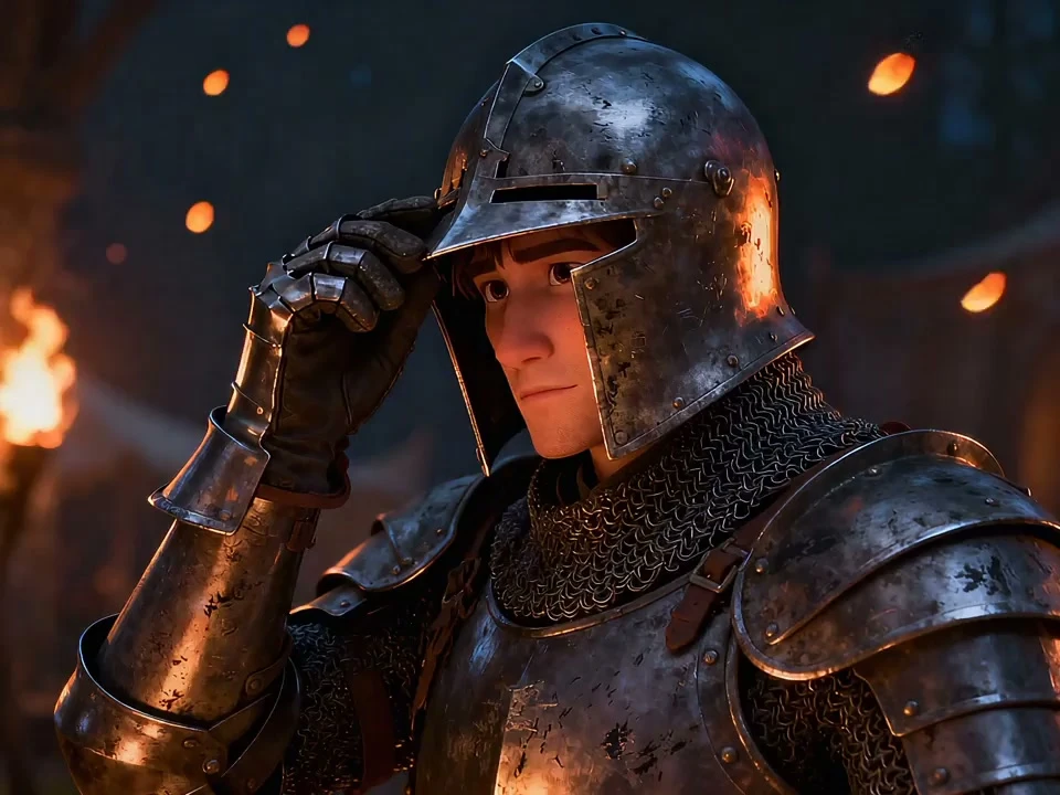 AnimateImage AI animation generator 3D medieval knight lifting helmet visor by firelight
