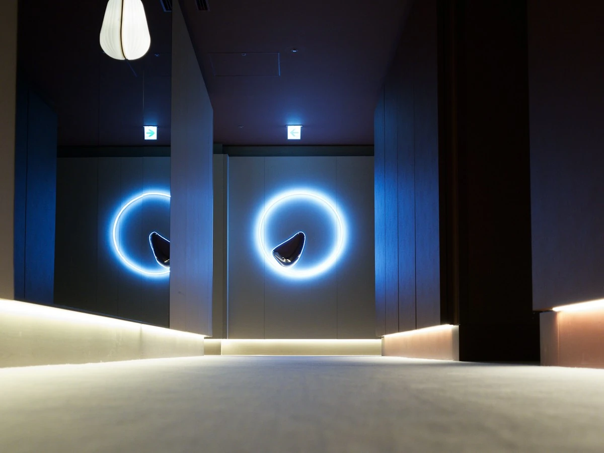 AnimateImage hallway with glowing blue neon circles on the walls